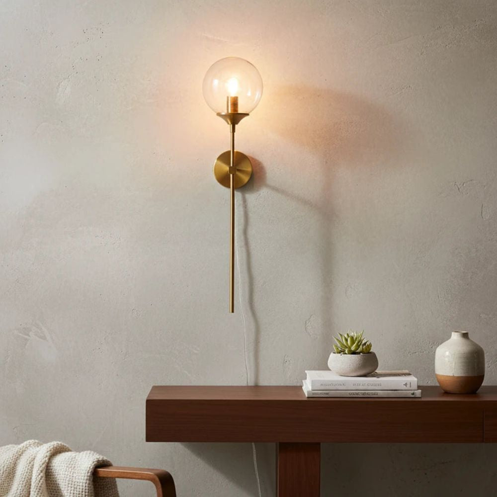 Modern Gold Glass Ball Wall Lamp – Transparent Globe for Bedroom