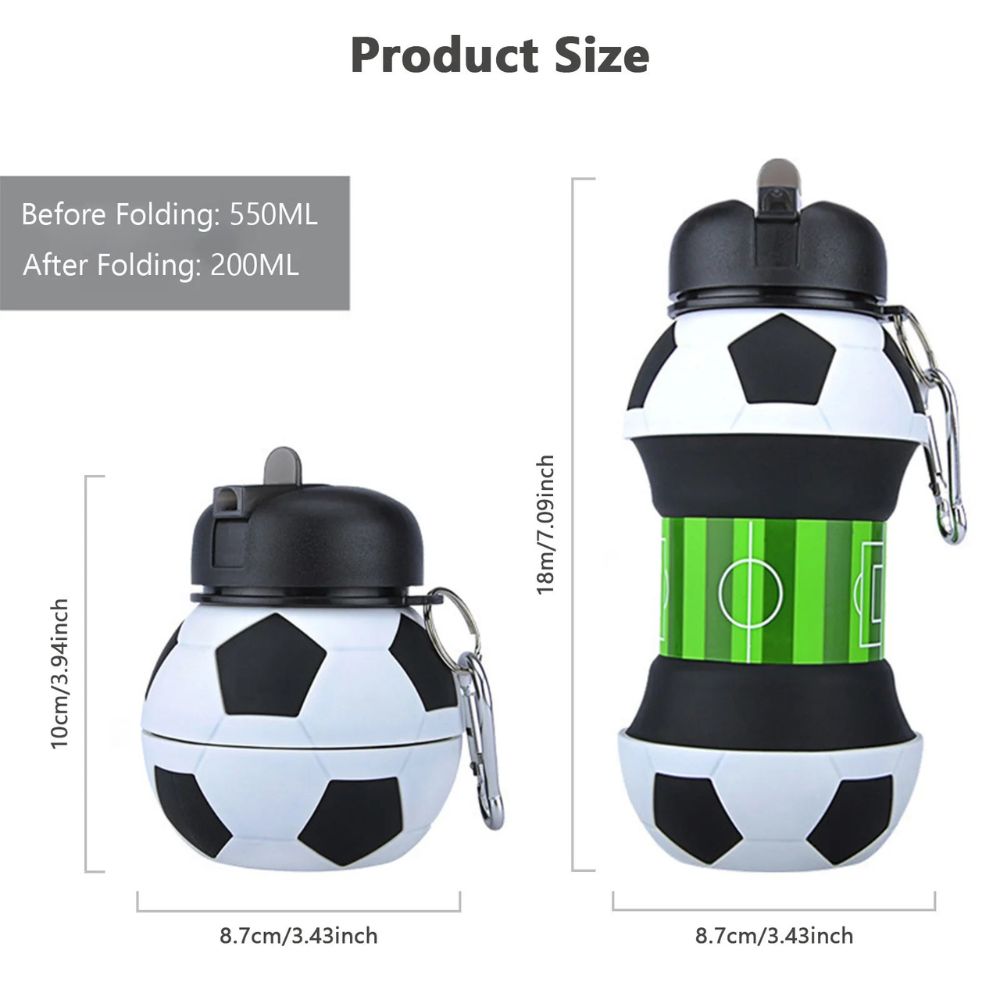 Silicone Football Water Bottle 550ml with Carabiner Clip Inviteck