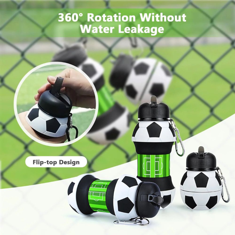 Silicone Football Water Bottle 550ml with Carabiner Clip Inviteck