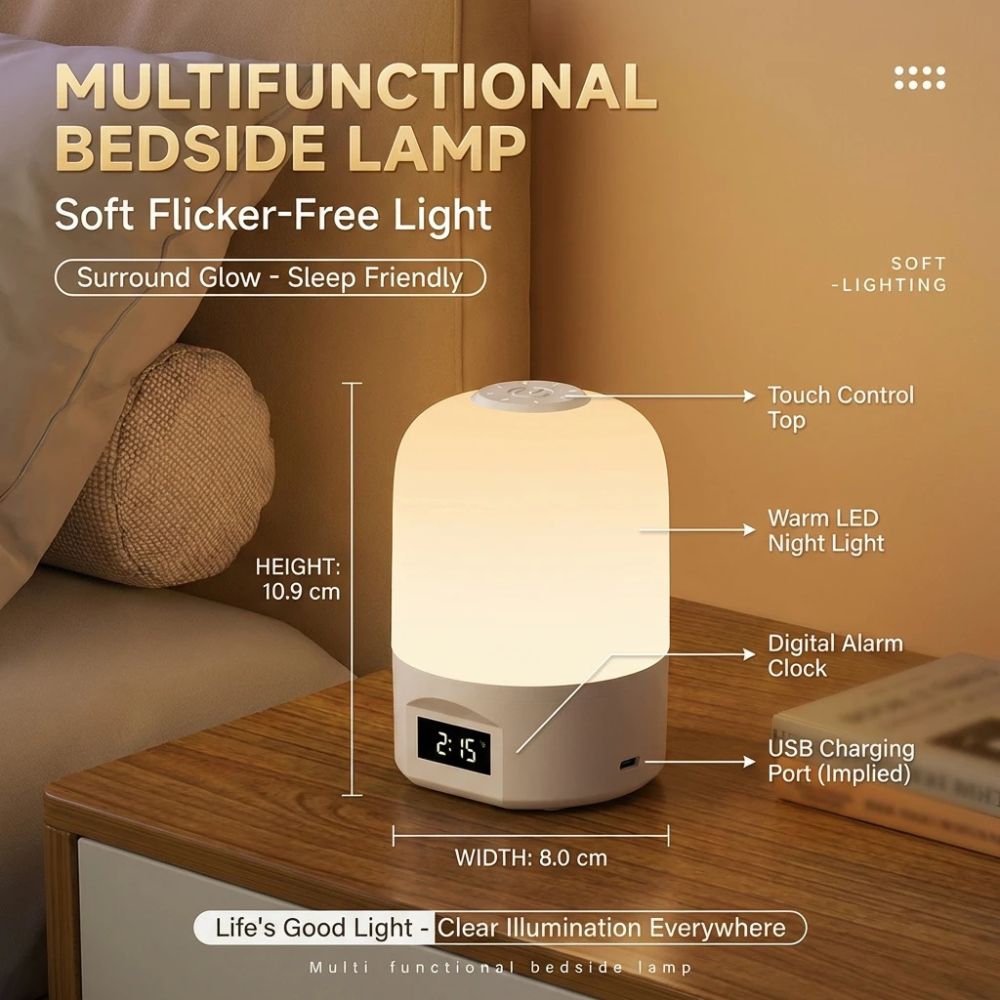 LED Lamp with Clock Display Touch Night Light USB
