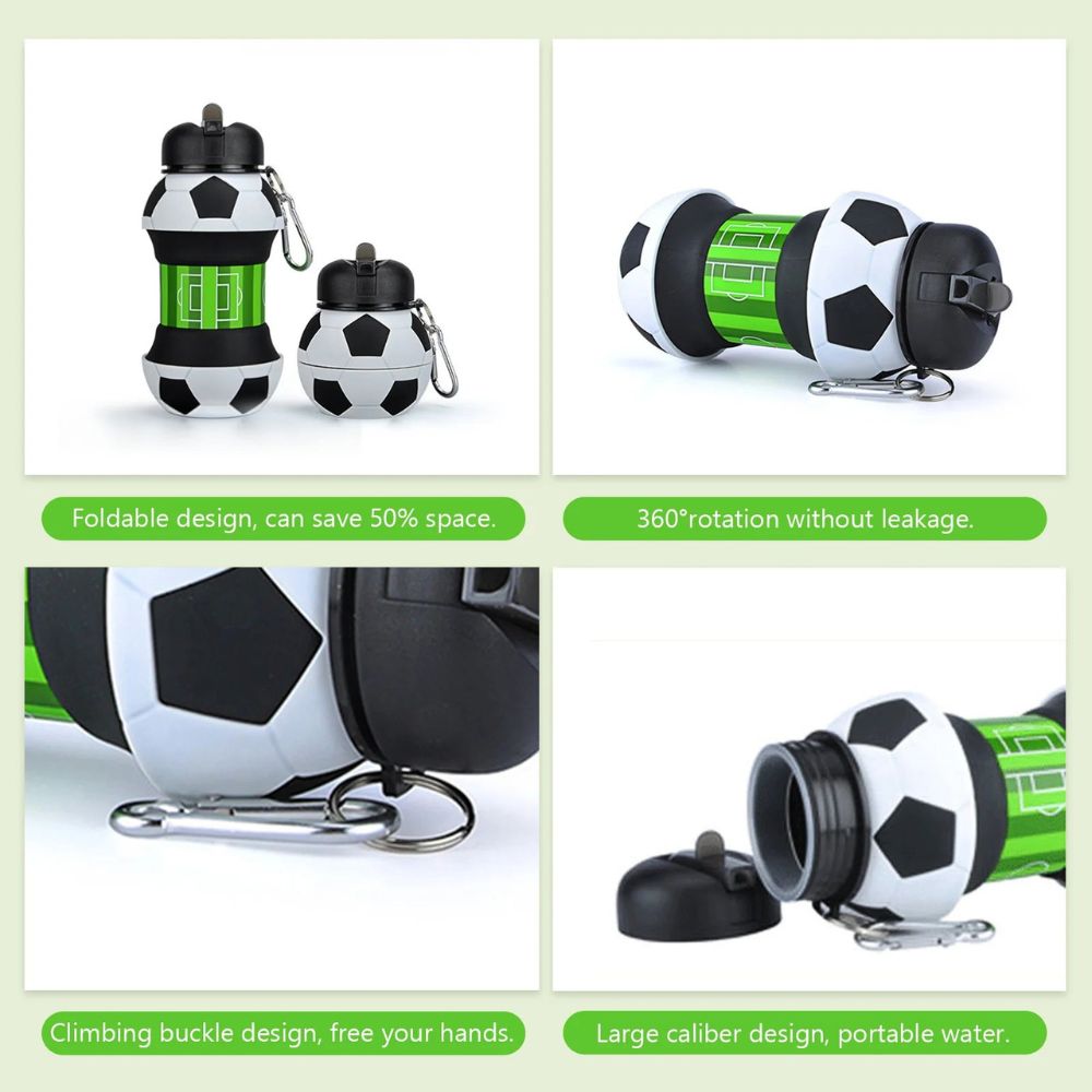Silicone Football Water Bottle 550ml with Carabiner Clip Inviteck